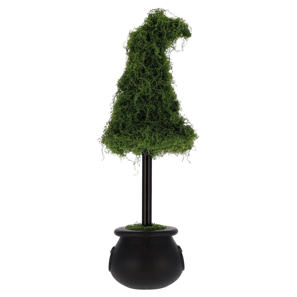 My Texas House Moss Witch Hat Topiary in Cauldron Green & Black, Halloween Decor